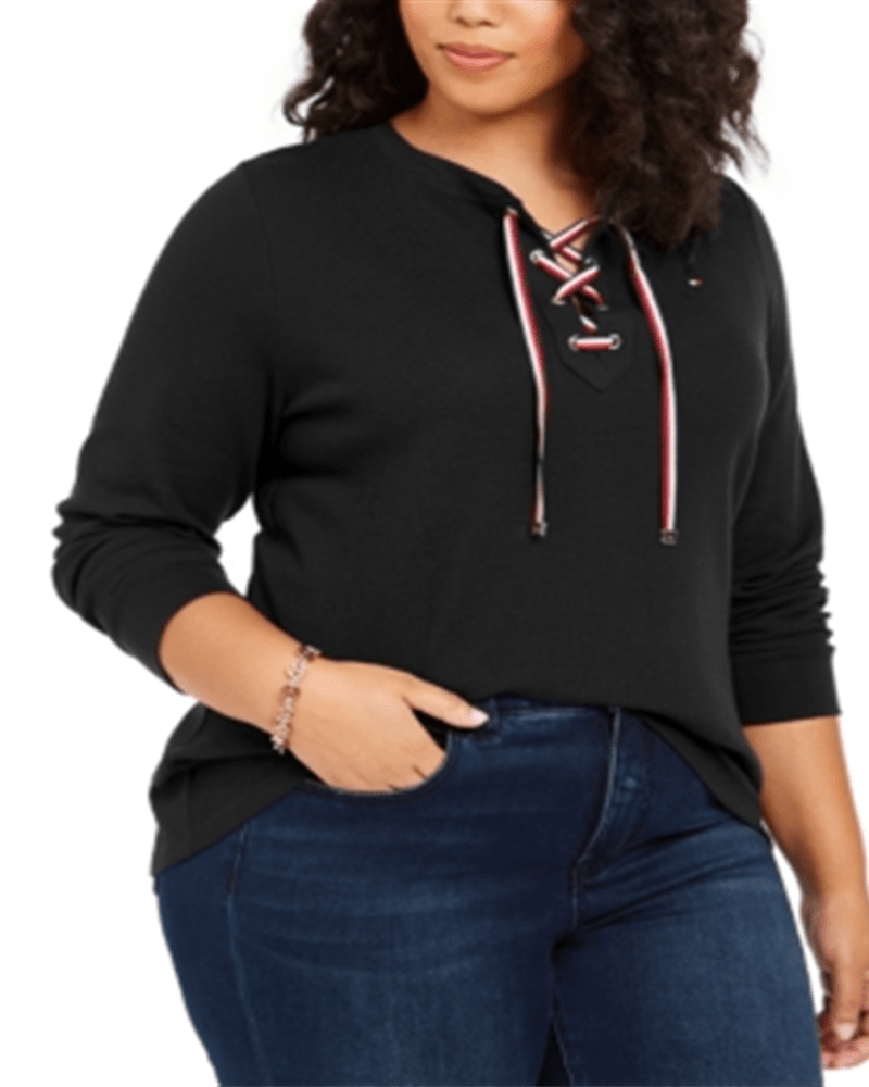 Front of a model wearing a size 3X Tommy Hilfiger Women's Plus Lace up Waffle Knit Top Black Size 3X in Black by Tommy Hilfiger. | dia_product_style_image_id:311584